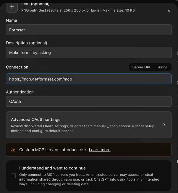 ChatGPT Create custom MCP server form with the name formset and the formset address filled in