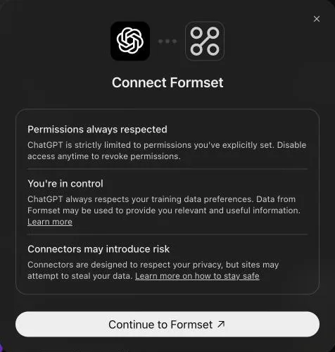 ChatGPT Connect formset screen with a Continue to formset button