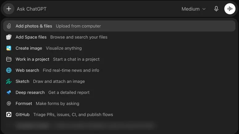 ChatGPT chat menu with formset listed alongside the other tools