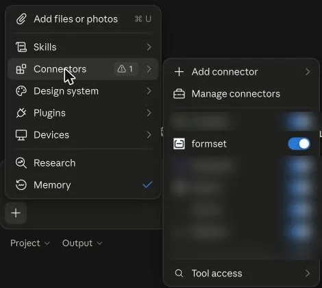 Claude chat menu with Connectors open and the formset switch turned on