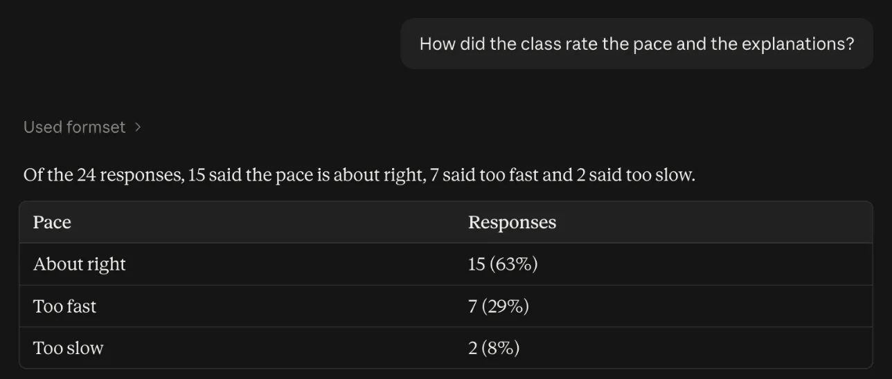 Claude answering “How did the class rate the pace and the explanations?”: of 24 responses, 15 said the pace is about right, 7 too fast and 2 too slow, shown as a table.